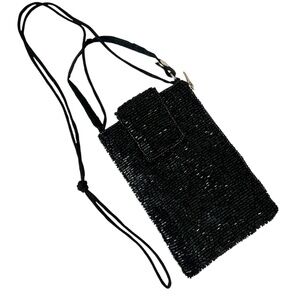 Black Beaded Cell Phone Purse with Handle, Strap, Snap - Card Money Zip Pocket